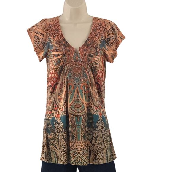 One World Flattering Multi Color Coral Paisley Pop Over Top V Neck Light Weight - Picture 16 of 16